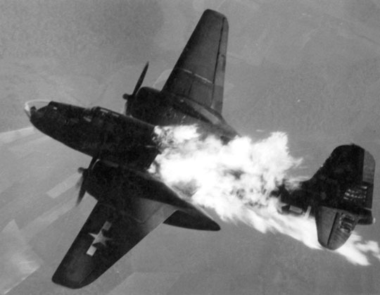 Douglas A-20 hit by german flak and catching fire.